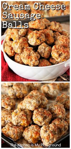 cream cheese sausage balls in a white bowl