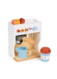 a toy coffee maker with cups and saucers on a white background, for children to play in