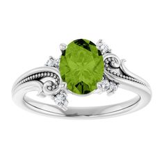 Filigree Oval Shape Peridot Ring Platinum, Floral Peridot Diamond Ring, Nature Inspired Green Peridot Engagement Ring August Birthstone Ring, 16TH Anniversary Gift For Her, Gemini Birthstone Birthstone: August  Anniversary: 16 Zodiac: Gemini Natural peridot with accent natural diamond set solid 14k or platinum. RING DESCRIPTION: Center Stone Type: Natural Peridot Center Stone Quality: AAA Center Stone Shape: Oval Shape Center Stone Measurement: 8x6mm Center Stone Carat Weight Approx: 1.40 Carat 16th Anniversary Gifts, Gemini Birthstone, Peridot Engagement Ring, Peridot Engagement Rings, August Birthstone Ring, 16th Anniversary, August Birthstone, Peridot Ring, Green Peridot