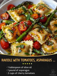 a plate of ravioli with tomatoes, asparagus and green beans on it