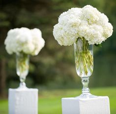 two vases filled with white flowers on top of each other