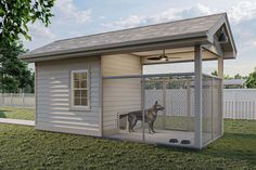 a dog is standing in its kennel on the grass