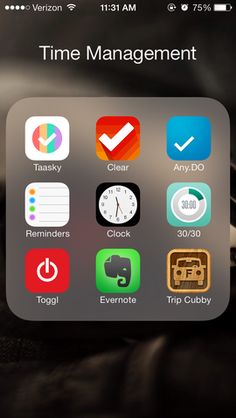 the time management app is displayed on an iphone's screen, with icons in different colors