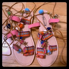 Never Worn / Perfect Condition Purchased In Spain! Multicolor Adjustable Strap Sandals, Multicolor Adjustable Sandals, Adjustable Synthetic Sandals For Festivals, Pink Open Toe Lace-up Sandals For Beach, Fun Adjustable Sandals For Beach Season, Fun Adjustable Sandals For Vacation, Pink Bohemian Sandals For Vacation, Multicolor Summer Sandals With Adjustable Strap, Pink Round Toe Lace-up Sandals For Beach