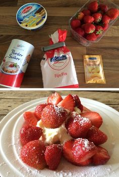 two pictures one with strawberries and the other with powdered sugar on it's side