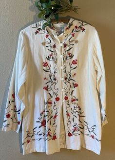 Brownstone Studio Jacket Linen Blend Petite Medium Ivory Embroidered Floral NWT  | eBay Embroidered Cream Button-up Top, White Floral Embroidered Outerwear For Summer, White Floral Embroidered Summer Outerwear, White Floral Embroidery Summer Outerwear, Embroidered Off White Tops For Spring, Off White Embroidered Top For Spring, Spring Embroidered White Outerwear, Spring White Embroidered Outerwear, White Embroidered Spring Outerwear