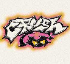 an image of graffiti on the side of a white wall with pink and yellow colors