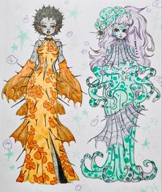 two drawings of women in dresses with flowers and stars on the background, one is wearing an orange dress