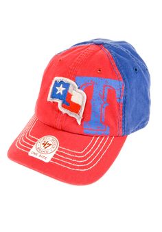 a red and blue hat with the word texas on it