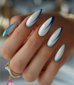 White Nails Ideas Acrylic, White Nails With Blue Design, White Nails With Blue, Nail Designs With Charms, Blue White Nails, White Blue Nails, Patterned Nails, White And Blue Nails, Nails Blue And White