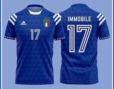 a blue soccer jersey with the number 17 on it and an image of italy's national