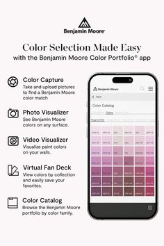 an iphone with the color selection made easy app on it's screen and text below