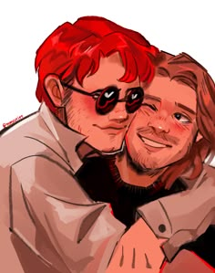 a man with red hair and sunglasses hugging another man's face while he looks at the camera