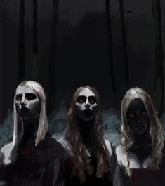 three women with red eyes and long hair standing in front of some trees at night