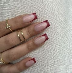 Nails Styles Acrylics For Work, Dark Red French Tip Nails Square, Dark Red French Tips, Red Graduation Nails, Dark Red French Tip, Dark Red French Tip Nails, French Tip Acrylic Nails, Casual Nails