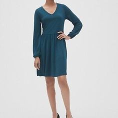 Nwt Soft Ponte Knit Fit And Flare Dress: Long Blouson Sleeves With Elasticized Cuffs, V-Neck, Invisible Zip At Back With Hook-And-Eye Closure, Gathered Detailing At Waist Adds Fullness Throughout Skirt. Blouson Sleeve, Blue Fits, Gap Dress, Invisible Zip, Dress Medium, Fit And Flare Dress, Dress Long, Flare Dress, Fit And Flare