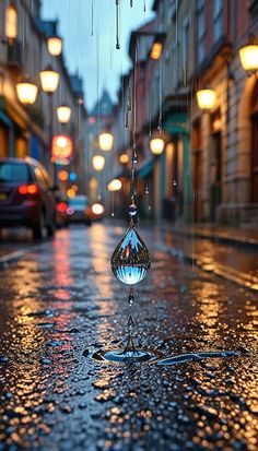 a rain soaked street with lights hanging from it's sides and cars parked on the side