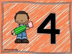 a drawing of a boy holding a pencil and paper with the number 4 on it