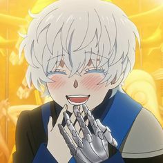 an anime character with white hair and blue eyes holding his hands together in front of him