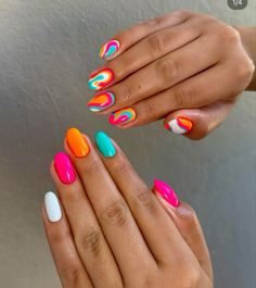 White French Tip With Orange Design, Mismatched Nail Designs, Bombpop Popsicle Nails, Orange Pink Nails Summer, Bright Fun Nails, Almond Nails Fall, Nail Inspo Fall, Fall Nail Inspo, Cruise Nails