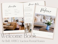 two brochures with the words welcome book and air bib, vro, vacation rentals