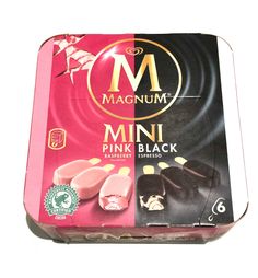 a box of pink and black chocolates