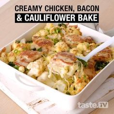 a casserole dish with chicken, bacon and cauliflower bake