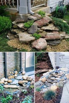 several pictures of rocks and plants in front of a house, with the steps leading up to