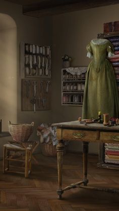 an old fashion dress is on display in the corner of a room with wooden floors