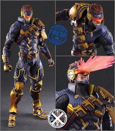 an action figure is shown in three different poses, including the headgear and chest armor