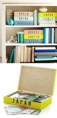 an open book shelf filled with books next to stacks of japanese magazines and other items