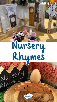 an egg sitting on top of a piece of wood next to a wooden sign that says nursery rhynes