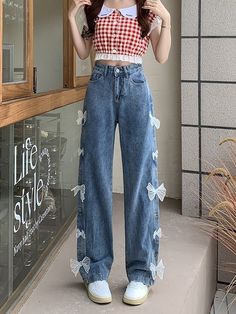 Applique Jeans, Streetwear Korean, Sweet Jeans, Sailor Pants, All Jeans, Harajuku Streetwear, Lace Bows, Plus Size Jeans, Denim Fabric