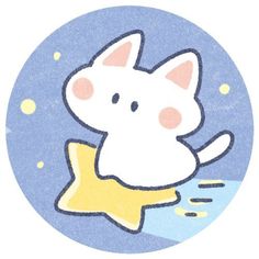 a cartoon cat sitting on top of a yellow star in front of a blue background