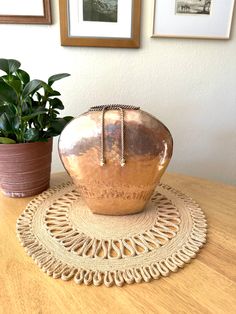 a metal bowl sitting on top of a wooden table next to a potted plant