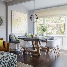 a dining room table and chairs in front of a window