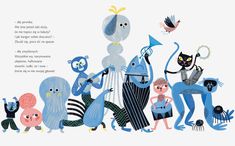 an illustrated book with people and animals in blue, black and white colors on the cover