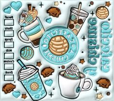 a sticker with coffee and cookies on it