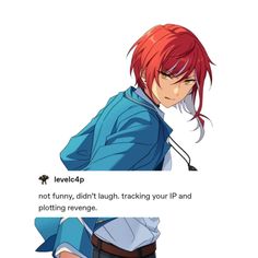 an anime character with red hair and blue shirt