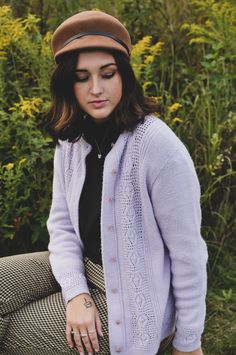 Vintage knit cardigan in lavender. Size L Fall Lavender Outfit, Casual Purple Soft Knit Cardigan, Lavender Knit Sweater For Fall, Cozy Lavender Sweater For Fall, Casual Lavender Sweater For Fall, Cozy Lavender Fall Sweater, Casual Open Knit Cardigan For Daywear, Casual Purple Knitted Cardigan, Purple Long Sleeve Cable Knit Cardigan