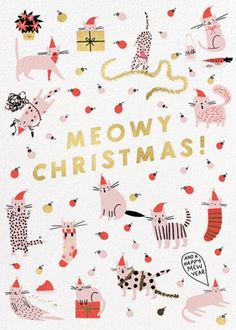 a christmas card with cats and presents in gold foil on white paper, says merry christmas