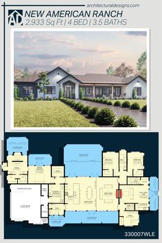 the new american ranch floor plan is shown in two different colors and features an attached garage