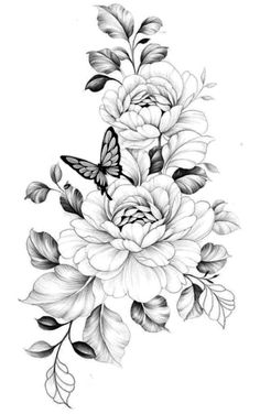 a black and white drawing of flowers with butterflies