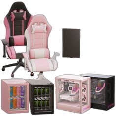 a pink computer chair sitting on top of a desk next to a cooler and other items