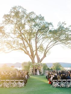 an outdoor ceremony is set up in the grass