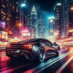 a futuristic car driving through the city at night