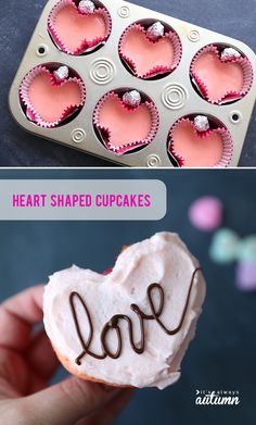 heart shaped cupcakes with the word love written on them