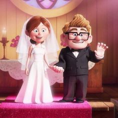 a cartoon image of a bride and groom holding hands