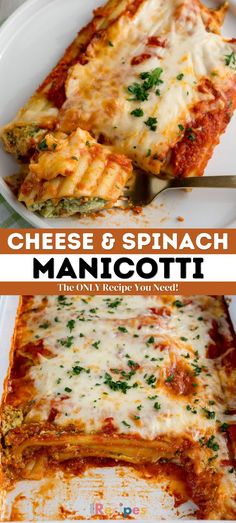 cheese and spinach manicotti casserole on a white plate with text overlay