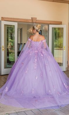 Pastel purple lilac off the shoulder a-line quinceanera ball gown with sweetheart neckline and cape. Purple Ball Gown, Glitter Skirt, Glitters Skirt, Long Cape, Cape Gown, Quince Dress, Body Measurement, Full Length Skirts, Corset Lace